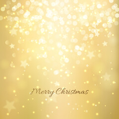 Festive gold background with light bokeh and stars. Christmas and New Year festive background. Vector illustration