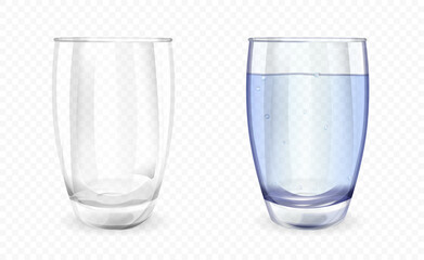 Transparent glass or cup shown filled with water and empty over a transparent background, colored vector illustration