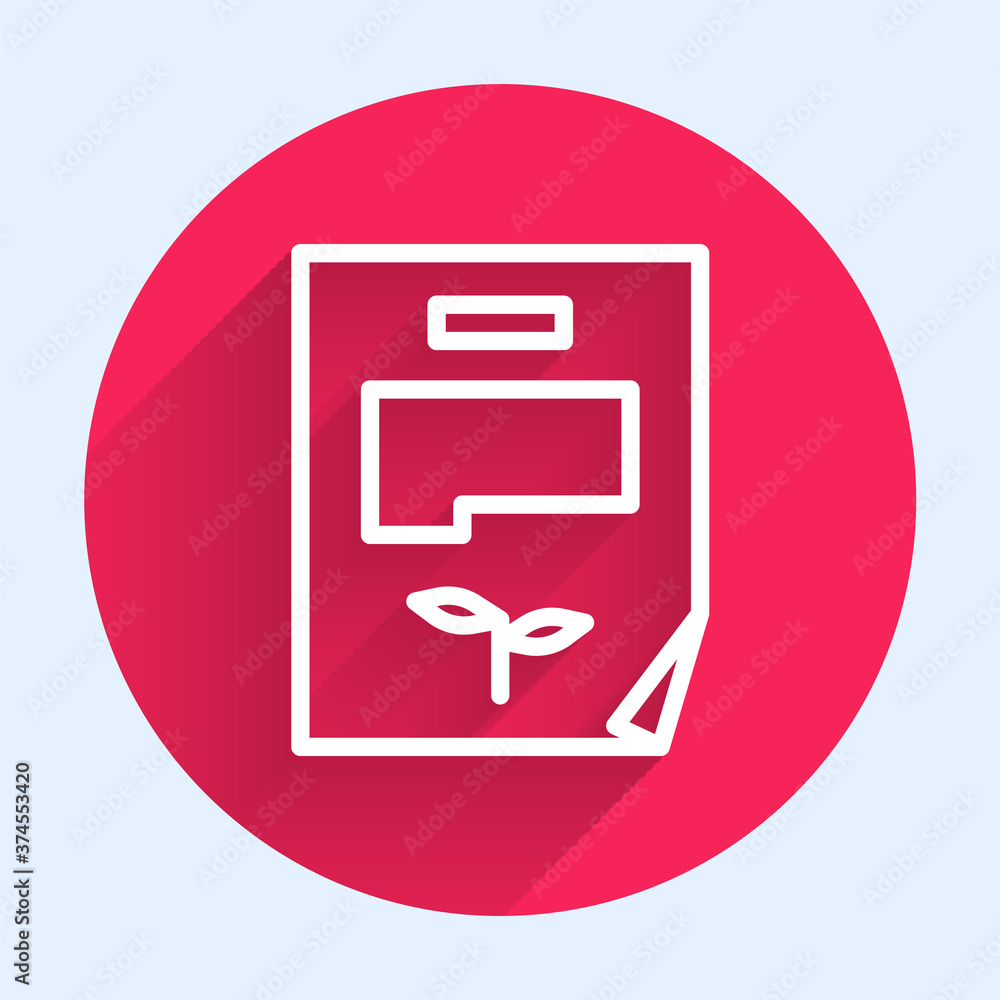 Poster white line leaf document icon isolated with long shadow. nature file icon. red circle button. vector