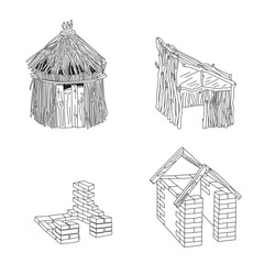 Customizable stroke weight house types. Hut and house of different materials. - 374553623