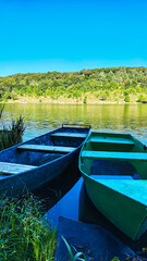 Boat station with lake on background in the summer season