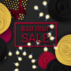 Black friday sale background.With black and pink paper flowers and gift box. Vector illustration