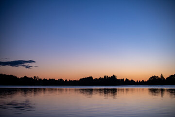 Naklejka premium fog on the lake through green reeds at sunrise