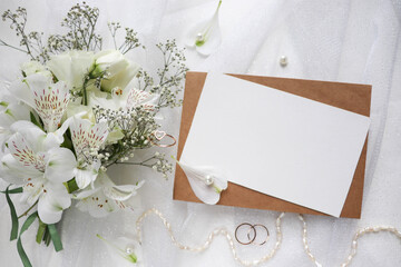 postcard layout. wedding card with a bouquet of white flowers. invitation. congratulation