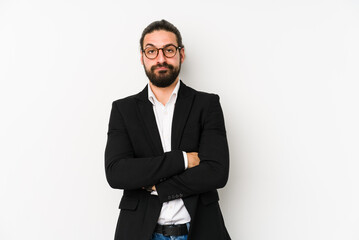 Young caucasian business man isolated on a white background unhappy looking in camera with sarcastic expression.