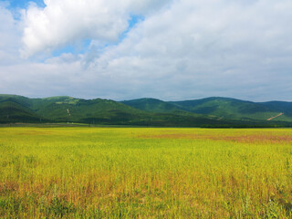 Beautiful landscape of the Caucasian mountains in a sunny spring day. Krasnodar Territory, Russia.