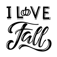 I love Fall text with pumpkin element. Hand written lettering on white. Vector illustration. Fall, autumn, Thanksgiving, Halloween Design element for poster, banner, card, badges, t-shirt, prints