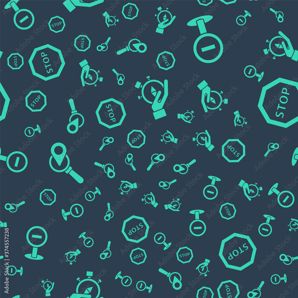 Poster set compass, stop sign, search location and stop sign on seamless pattern. vector.