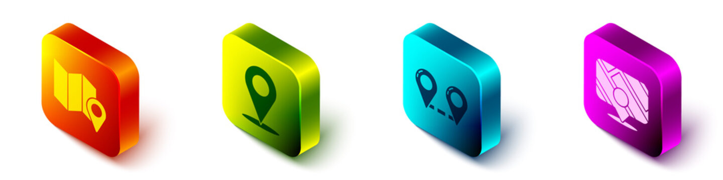 Set Isometric Folded map with location marker, Location, Route location and Infographic of city map navigation icon. Vector.