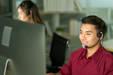 employee customer service representative working as technical support call center in the office...