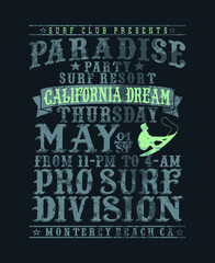 Vector illustration of surfer lettering and silhouette.