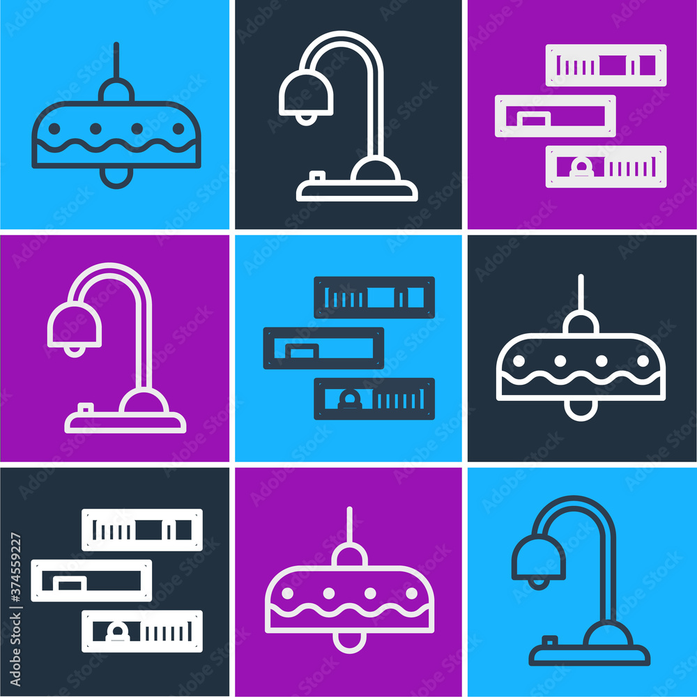 Poster set line chandelier, shelf with books and table lamp icon. vector.