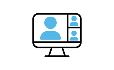 Video conference icon. People on computer screen. Home office in quarantine times. Internet virtual teaching media. Digital communication
