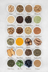 Adaptogen health food collection with fruit, herbs, spices & supplement powders. Natural plant...