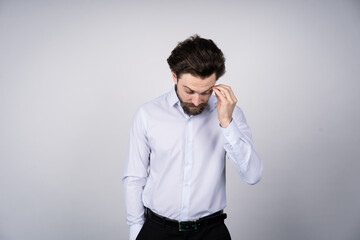 business man in white shirt sad depressed, alone, disappointed. Human emotion facial expression. bad days in business