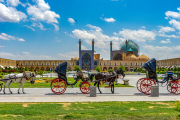 Iran, Ispahan, the Square Naqsh-e Jahan in the background the Shah Mosque, ( friday Mosque). 