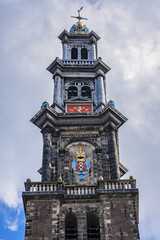 View of Western Church (Westerkerk, 1620 - 1631) - a Dutch Protestant church in Amsterdam. It lies in the most western part of the Grachtengordel neighborhood. Amsterdam, Netherlands.