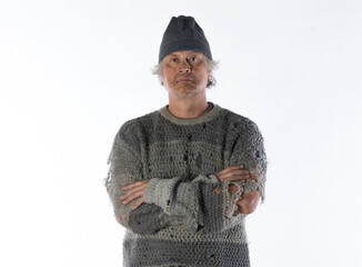 studio portrait of a homeless beggar