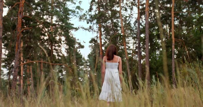 Woman walks through the clearing, enters the forest. Woman in a white dress goes to the pine forest, a walk. View from the back. 4k, 10bit, ProRes