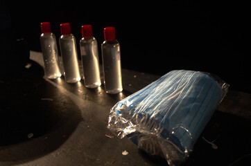 Blue masks and antibacterial gel