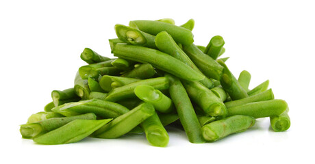 cut small and slender green beans (haricot vert) on a white background