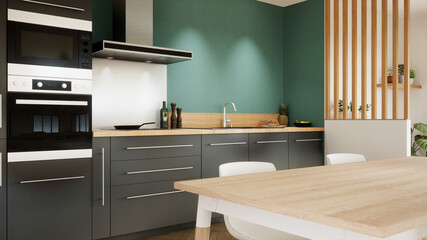 cuisine noire sur mur bleu canard, plancher bois vue 3d 02