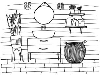 Coloring page with cozy bathroom. Anti stress coloring book for children and adults. Vector stock illustration. Toilet interior design with cute sink, laundry basket, plant in pot, mirror. 