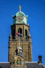 Architectural fragments of Rotterdam City Hall (Stadhuis van Rotterdam) at Coolsingel. Rotterdam City Hall is one of the few old buildings left in the centre of the city. Rotterdam, The Netherlands.