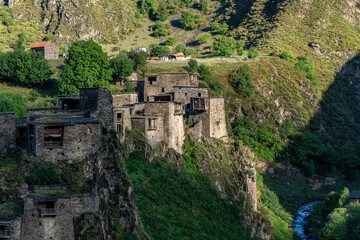Fototapeta na wymiar Old Fortress in mountain village Shatili, ruins of medieval castle