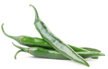 Group of green hot chili peppers on a white background. Isolated