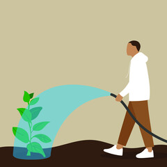 Male character watering a plant with water from a hose