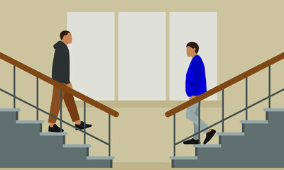 Two male characters descend the stairs