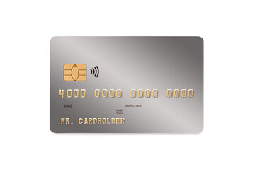 Gray credit card with golden numbers isolated on white background