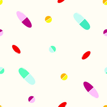 Seamless pattern with multicolored pills and capsules. Can be used for design, printing, textiles, fabrics, packaging, wrapping paper, wallpaper.
