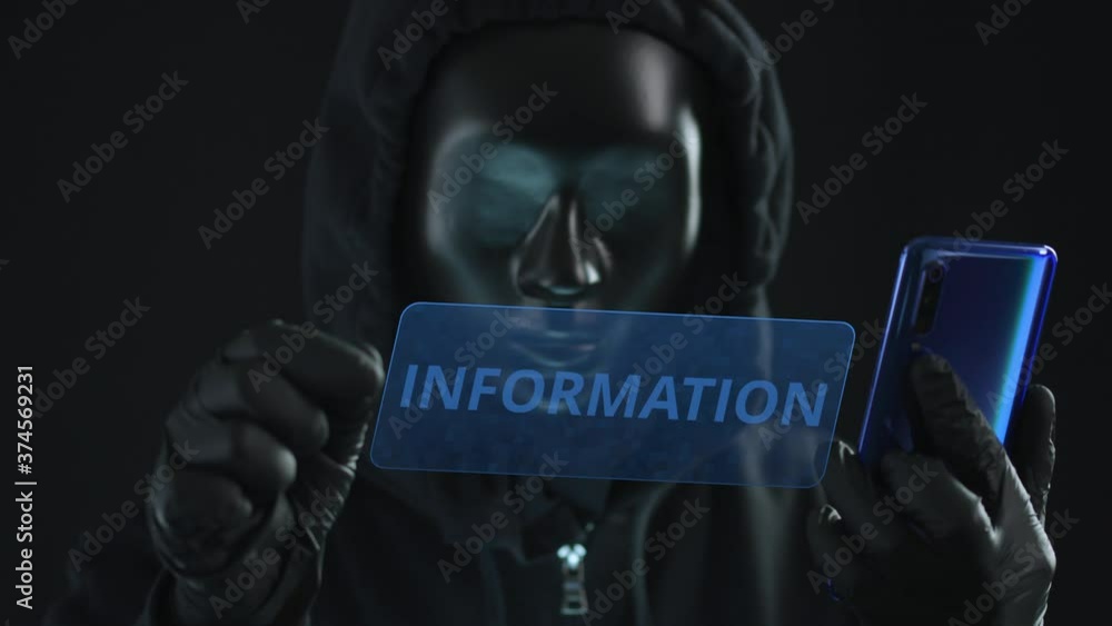 Aufkleber hacker wearing black mask pulls information tab from a smartphone. hacking concept