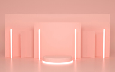 3D illustration of rose geometric podium for product presentation with lights. Abstract geometric background with light colors.