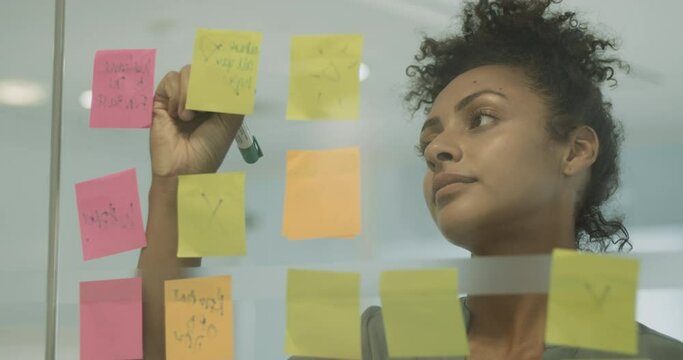African American Business woman writing on adhesive notes in boardroom for brainstorm presentation