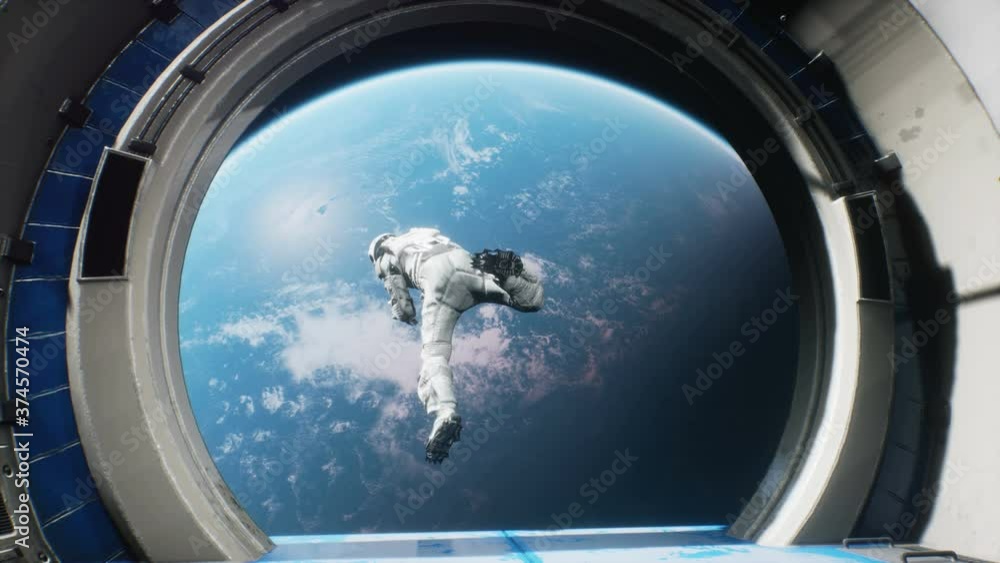 Wall mural an astronaut jumps out of a spaceship into outer space. the animation is designed for fantastic, fut