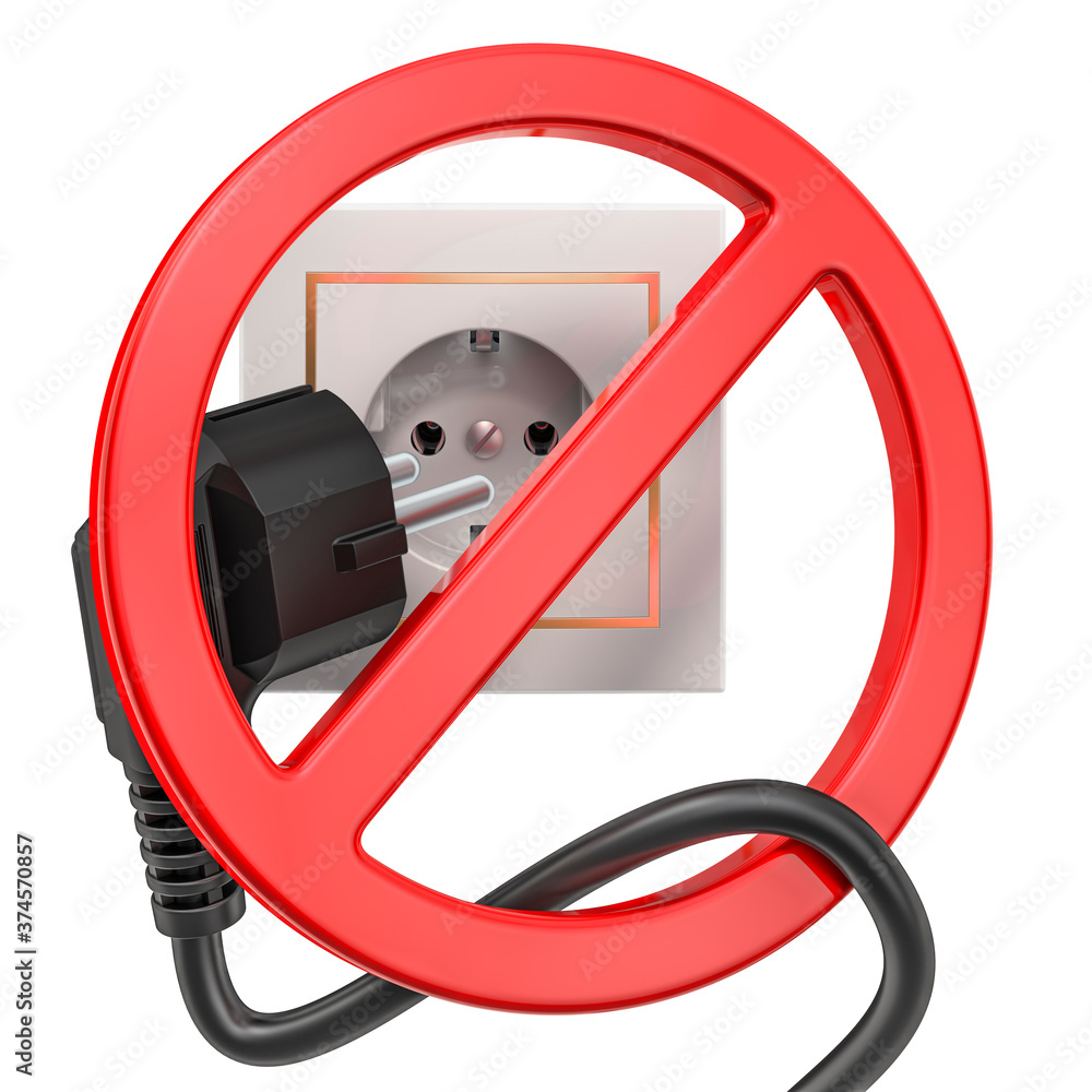 Poster forbidden sign with power plug and electrical socket. 3d rendering