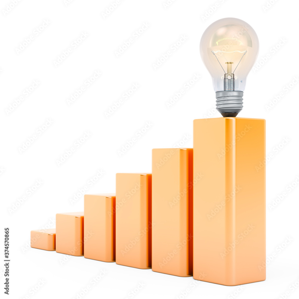 Poster growing chart with light bulb. 3d rendering