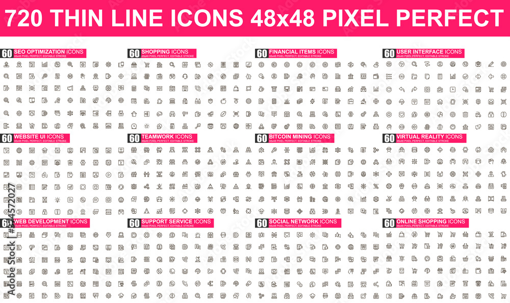Poster bundle vector thin line icons. contains such icons as seo, shopping, social media, virtual reality, 