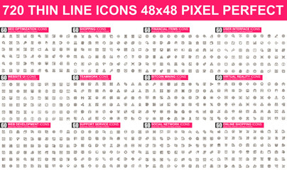 Bundle vector thin line icons. Contains such Icons as SEO, Shopping, Social Media, Virtual Reality, Bitcoin Mining, Teamwork and more. UI, UX vector icon. 48x48 pixel perfect linear pictogram pack.