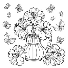 Flower Coloring antistress page 
for adults and children. A jar of hibiscus surrounded by butterflies