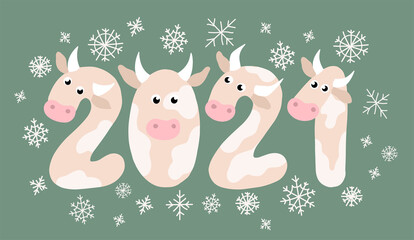 Figures 2021 in the form of cows, bulls, oxen. Chinese horoscope of animals.