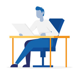 Fototapeta premium Man sitting on a chair with a laptop. Flat vector icon.