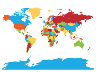 Fototapeta premium Mapa świata. Wysoka szczegółowa mapa polityczna świata z etykietami nazw krajów. Mapa wektorowa schemat 5 kolorów na białym tle
