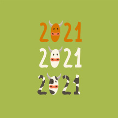 Christmas and new year cards with symbols of the new year of the bull and winter holidays. Can be used for banners, greeting cards, gifts, etc. Holiday card, with Christmas tree and winter holiday