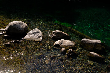 Rocky beach in Correntoso Lake (Lago Correntoso). Villa La Angostura, Argentina