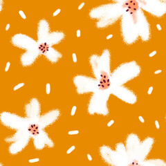 pattern with white flowers on a red background in the Memphis style