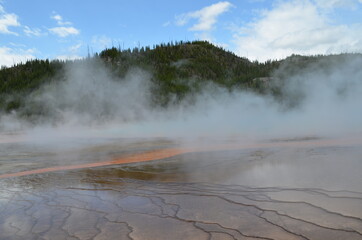Late Spring in Yellowstone National Park: Streamer and Steam from Grand Prismatic Spring of the Excelsior Group in Midway Geyser Basin
